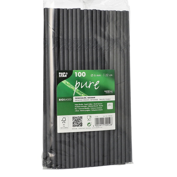 100 flexible Trinkhalme, Papier, schwarz, Druchmesser 6 mm,